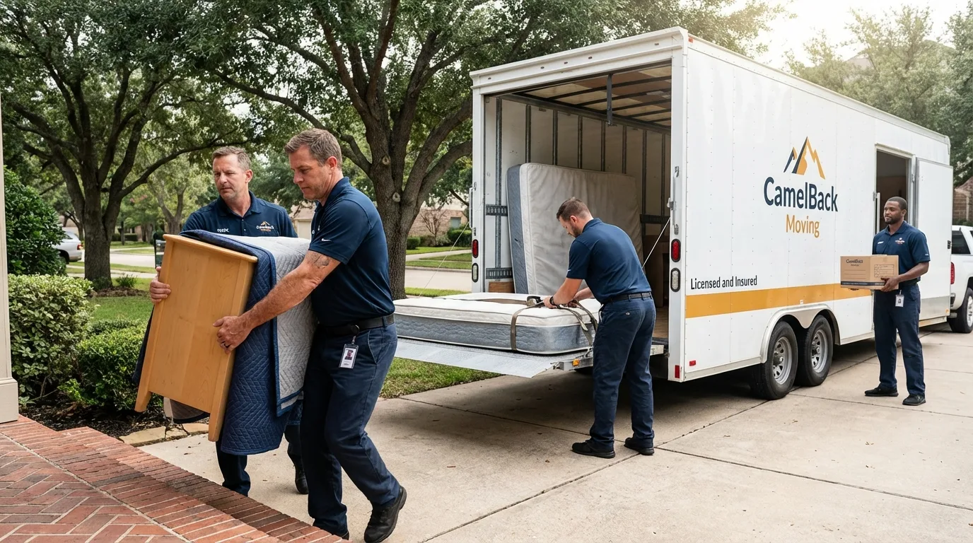 Crew loading residential truck for cross-state move from Elsa, TX