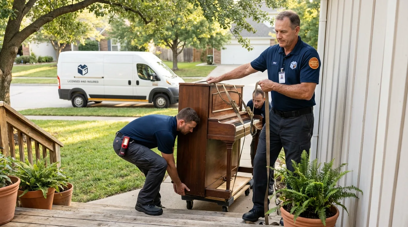 Licensed piano movers securing grand piano in Elsa, TX